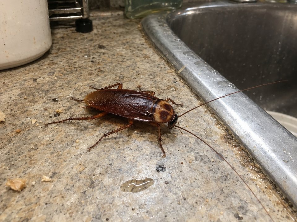 Cockroach on a kitchen counter next to the sink
