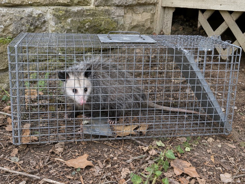 Opossum inside a wire cage trap by a house crawl space
